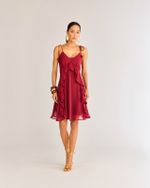 VESTIDO CURTO C/ BABADO CASCATA E AMARRAÇÃO