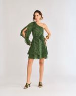 VESTIDO OMBRO ÚNICO TRANSPARÊNCIA C/ CINTO FLOR