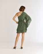 VESTIDO OMBRO ÚNICO TRANSPARÊNCIA C/ CINTO FLOR