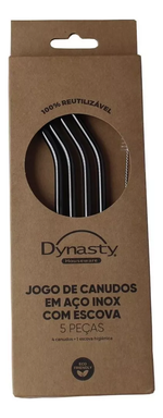 Jogo 4 Canudos e Uma Escova Inox Preto Dynasty