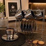 Jogo de 12 peças para café Chrominno em new bone china com rack 80ml prata e preto