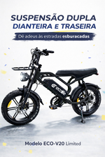 Bicicleta Elétrica, ECO-V20 Limited, motor de 1000W, bateria de 48V/15Ah, duplo amortecedores dianteiro e traseiro