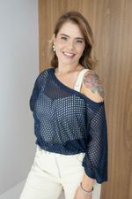 Blusa Trama em Tricot Vazado Azul Marinho 
