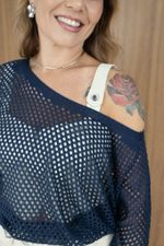 Blusa Trama em Tricot Vazado Azul Marinho 