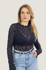 Body Rendado Manga Longa Zara Preto