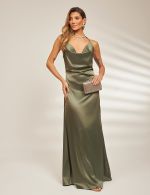 Vestido Longo Verde Oliva em Cetim Isis
