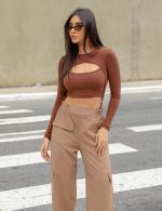 Body Manga Longa Marrom Carolina