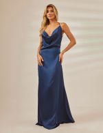 Vestido Longo Azul Marinho em Cetim Isis