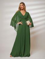 Vestido Longo Verde Oliva Plissado Francesca