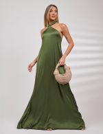 Vestido Longo Verde Oliva em Cetim Ana Clara