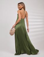 Vestido Longo Verde Oliva em Cetim Ana Clara