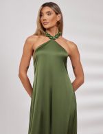 Vestido Longo Verde Oliva em Cetim Ana Clara