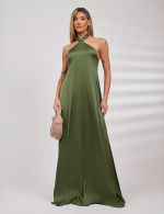 Vestido Longo Verde Oliva em Cetim Ana Clara