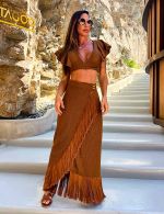 Cojunto Marrom Cropped Saia Helena