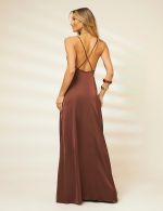 Vestido Longo Marrom em Cetim Chloe
