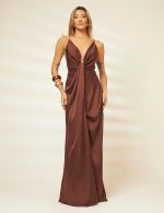 Vestido Longo Marrom em Cetim Chloe