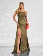 Vestido Longo Verde Oliva em Cetim Junia