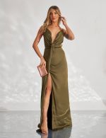Vestido Longo Verde Oliva em Cetim Chloe