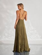 Vestido Longo Verde Oliva em Cetim Chloe