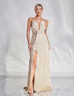 Vestido Longo Champagne em Cetim Chloe