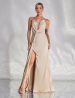 Vestido Longo Champagne em Cetim Chloe