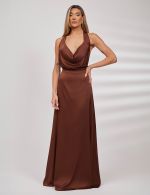 Vestido Longo Marrom em Cetim Lilian