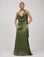 Vestido Longo Verde Oliva em Cetim Lilian