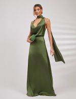 Vestido Longo Verde Oliva em Cetim Lilian