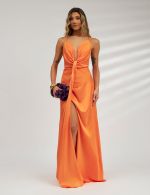 Vestido Longo Laranja em Cetim Chloe