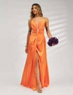Vestido Longo Laranja em Cetim Chloe