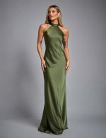Vestido Longo Verde Oliva em Cetim Alexia