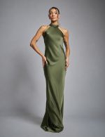 Vestido Longo Verde Oliva em Cetim Alexia