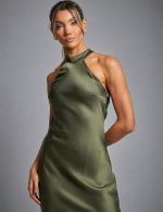 Vestido Longo Verde Oliva em Cetim Alexia