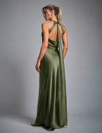 Vestido Longo Verde Oliva em Cetim Alexia