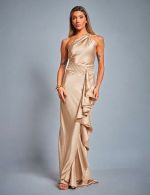 Vestido Longo Champagne em Cetim Juliana