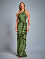 Vestido Longo Verde Oliva em Cetim Juliana