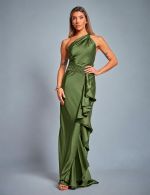 Vestido Longo Verde Oliva em Cetim Juliana