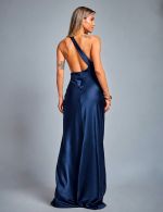 Vestido Longo Azul Marinho em Cetim Juliana