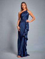 Vestido Longo Azul Marinho em Cetim Juliana