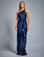 Vestido Longo Azul Marinho em Cetim Juliana