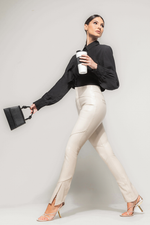Calça de Couro Legítimo Stretch Jeanne Off-White