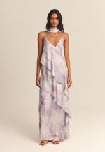 Vestido Maria Seda Impressão Botânica Palha De Milho