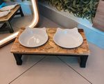 Comedouro Luxo Madeira E Porcelana Para Gato