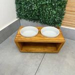Comedouro Luxo Pet Elevado Cães E Gatos Madeira E Porcelana - Marrom e Branco P - N/A