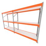 Mini porta pallet 200 kg por nivel inicial + continuação com 3 niveis laranja com MDF Branco
