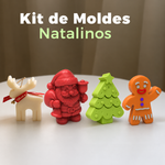 Kit Molde de Silicone de Natal Rena + Papai Noel Com Saco + Arvore de Natal + Homem Biscoito