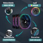 Kit C/3 Fans Rise Mode Aura ARGB 120mm 4 Pinos PWM Preto C/Controladora Preto