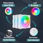 Fans Ventoinha Aura ARGB 4pin PWM CPU 12cm Branco Com Controladora Kit c/3
