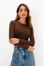 Blusa em Poliamida Manga Longa Ponto - Marrom