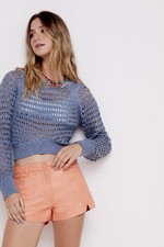 Blusa de Tricot Furadinho com Lurex Azul Jeans